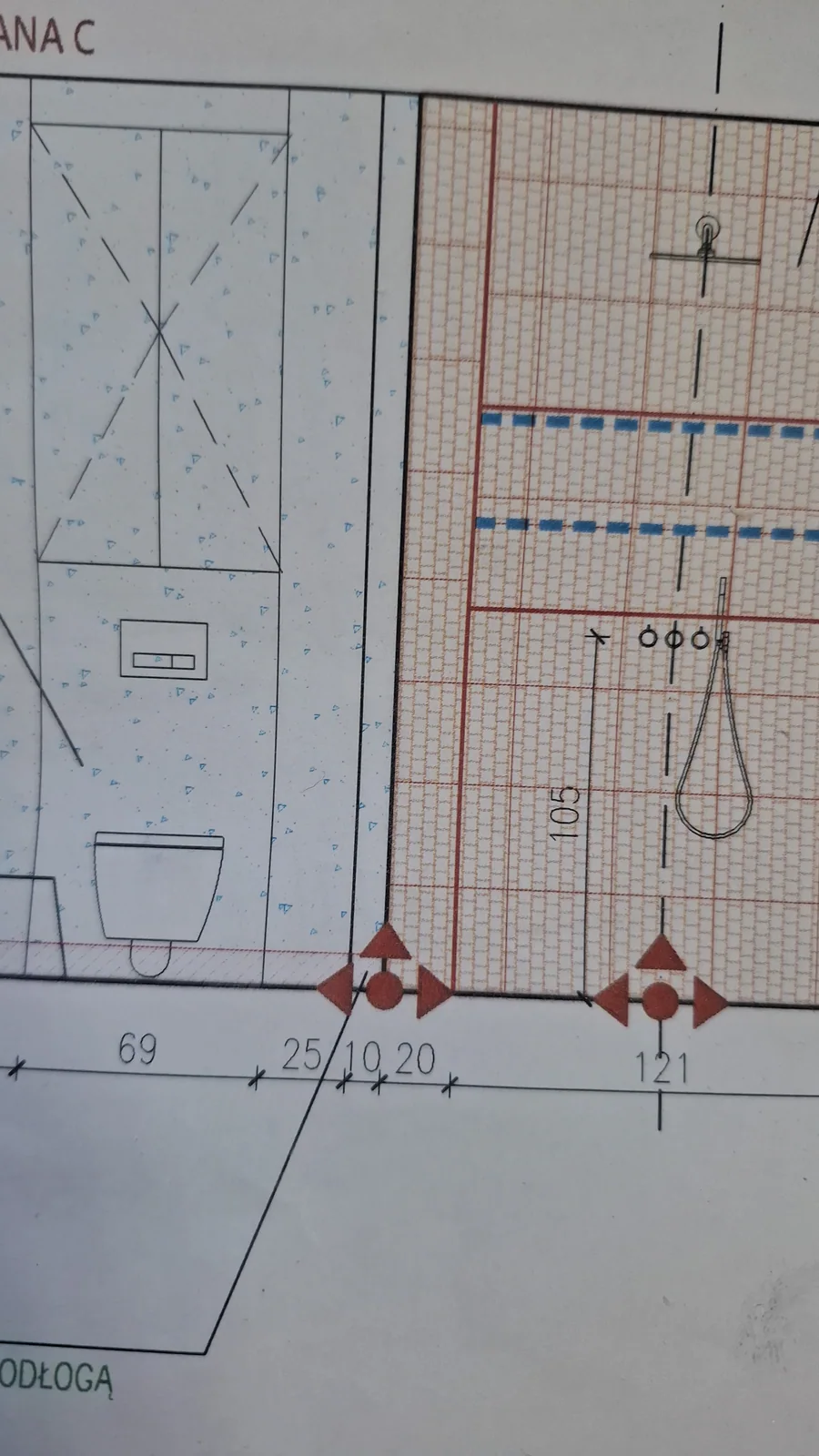 Rysunek techniczny przygotowany podczas planowania remontu łazienki